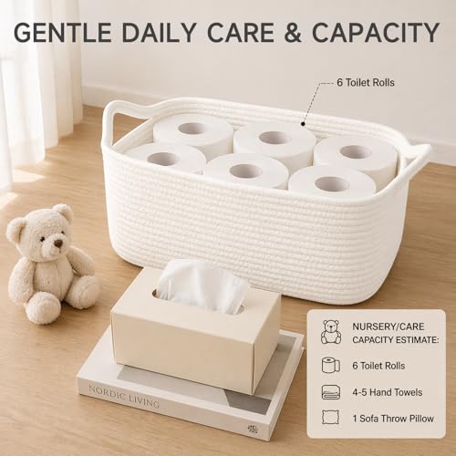 Image of OIAHOMY Cotton Rope Gift Basket Empty with Bags & Ribbons, Woven Baby Shower Basket for Nursery & Pet Toys, Ideal Personalized Gift for Holidays, Birthdays & Decor, White