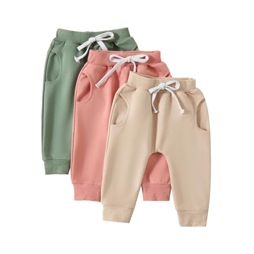Image of Toddler Baby Boys Girls Sweatpants 3 Pack Solid Color Elastic Waist Trousers Bottoms Casual Pants Multipacks Long Pants