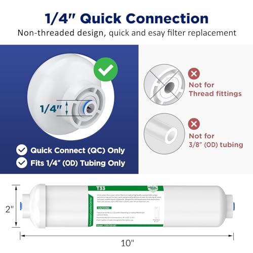 Image of Membrane Solutions 1 /4 inch Quick-Connect T33 Inline Water Filter with Fittings | Post Carbon Filter with Push-to-Connect Stem Elbow & Tee Fittings for Undersink Reverse Osmosis Systems