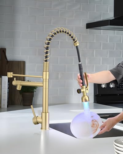 Image of Fapully High Arc Brushed Gold Pull-Down Kitchen Faucet with LED Sprayer