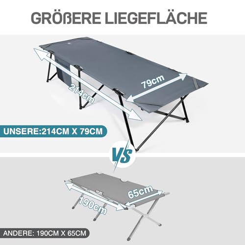 EVER ADVANCED Feldbett Klappbar XXL Campingbett 200KG Belastbar Klappbett 214 x 79 x 50 cm, Breite Feldbett mit Seitentasche, Stabil & Tragbar für Camping Reisen Garten Outdoor und Indoor – Bild 5