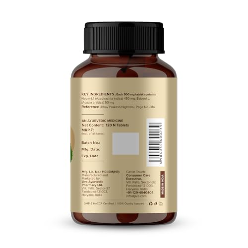 Image of Jiva Ayurvedic Neem Tablet (120 Tablets) | Blood Purifier Tablets for Skin Glow | Helps with Acne, Pimples & Skin Disorders | Natural Detox & Immunity Booster | Herbal Skin Care Supplement - Pack of 1