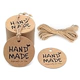Hand Made Kraft Paper Gift Tags,Original Design 100 Round Tags with 100 Feet Natural Jute Twine Perfect for DIY & Crafts, Wedding Party Favor