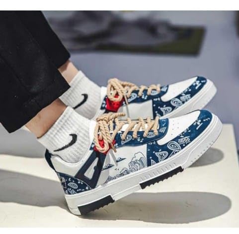 Image of azalya Artistic Wave Print Sneakers, Black and White, Platform Style with Orange Accents Korean Retro Style Comfortable Printed Sneaker Shoes for Men.
