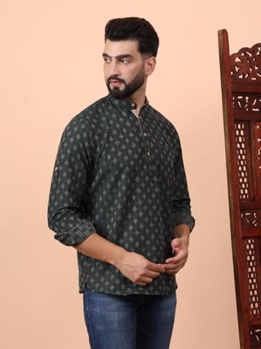 Image of LATEST CHIKAN Men's Cotton Regular Self Design Short Kurta Full Sleeves - Casual Ethnic Wear