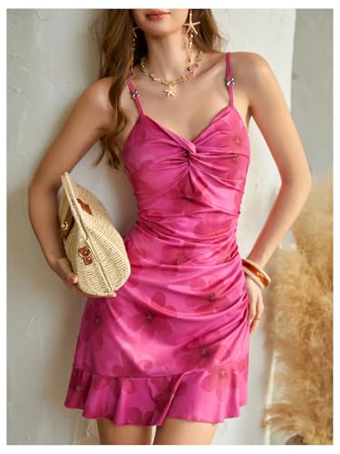 Image of Floerns Women's Summer Tropical Twist Front Ruched Ruffle Hem Bodycon Cami Dress