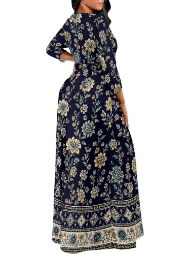 Image of Women Plus Size Long Sleeve V Neck Maxi Dress with Belt | Soft fabric relaxed fit three quarter sleeve v neck with pockets for party and daily wear