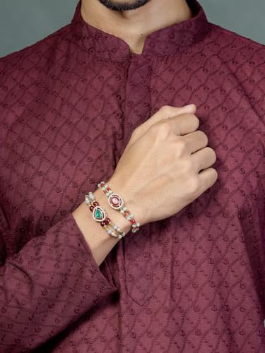 Image of Sukkhi Rakhi Excellent Kundan & Pearls Designer Gold Plated Premium Rakhi for Brother with Roli Chawal & Greeting Card|Rakhi for Brother /Bhaiya /Bhai /Men|Kundan Rakhi|Rakhi Combo-Set of 2