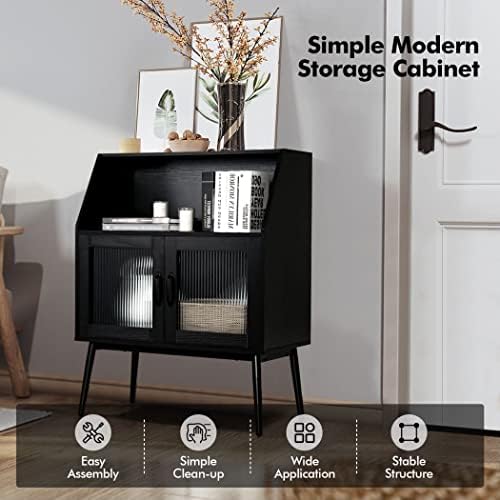 COSTWAY Wooden Storage Cabinet, Modern Buffet Sideboard with Open Compartment and Tempered Glass Doors, Freestanding Organizing Cupboard Unit for Living Room, Kitchen, Dining Room, Hallway