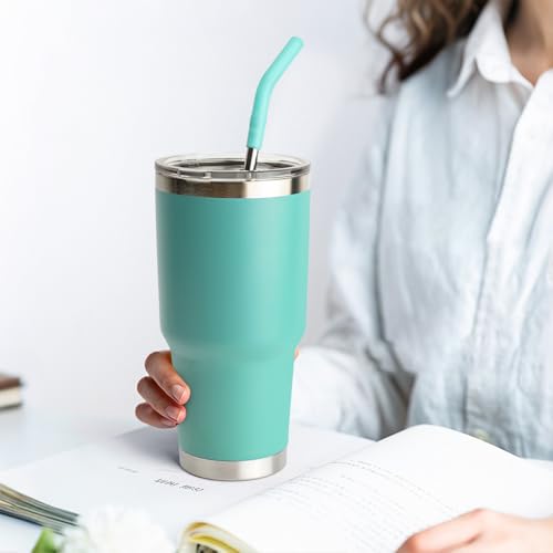 Image of Metal Straws Reusable With Silicone Tips, 9.5 inch Stainless Steel Straight Drinking Straw for Yeti 30 oz Tumbler- 2 Cleaning Brushes & 1 Portable Bag