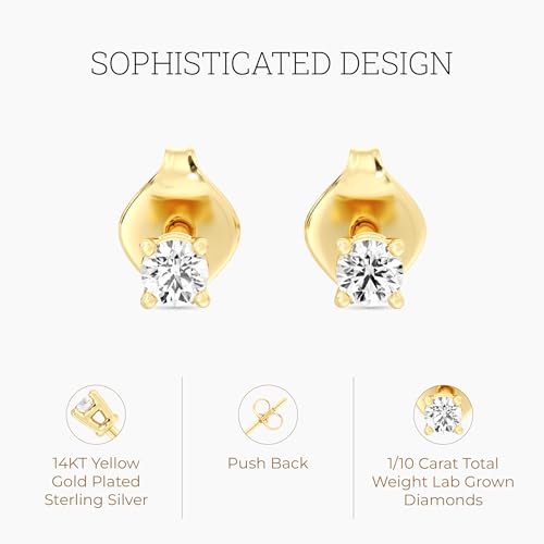 Gilded Lab-Grown Diamond Stud Earrings for Women| 925 Sterling Silver Studs and 14KT Gold 925 Plated Silver | Hypoallergenic Fine Jewelry | 4-Prong Basket, Push Back Nut | Round Cut, SI1 Clarity, F Color | 1/10,1/5,1/4,1/3,3/8,1/2,3/4,7/8,1 Carat Total Weight2