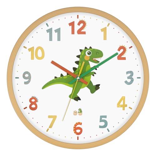 Silent Dinosaur Wall Clock for Kids 12 Inch Non-Ticking Battery Operated, Room Decor for Bedroom Nursery Playroom