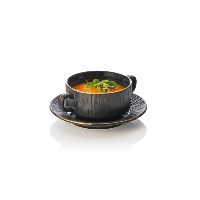4x Suppentasse mit Untertasse Set MAYA KURO, Ø 10,5 cm, 250 ml, schwarz, Porzellan