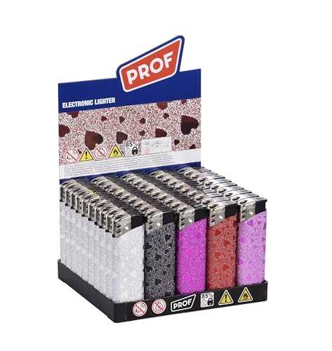 Pack de 50 Prof Shiny Hearts REFILLABLE Electronic MECHERO ¡Descubre la Comodidad y la Elegancia con el Pack de 50 mecheros electrónicos Recargables Prof Shiny Star, una Exclusiva de DISPAU!