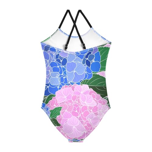 Girls One Piece Swimsuits Blooming Hydrangea Flowers Pattern Sport Halter Swimwear Beach Bathing Suit,9-10T2