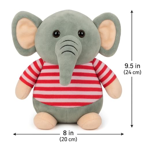 Image of Fun4you Plush Elephant Stuffed Animal Toy with Blue Striped T-Shirt, Soft Toy for Kids, Grey (red)