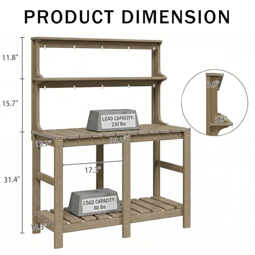 Polyhouz Outdoor Potting Bench with 3 Tier, All-Weather Patio Potting Table with Tool Hooks, HDPE Gardening Table for Backyard, Garden, Brown - Thumbnail 6