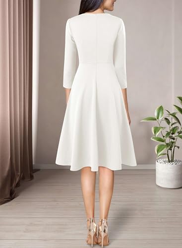 Image of VFSHOW Womens Work Business Front Zipper A-Line Dresses 3 /4 Sleeve Office Church Fit and Flare Skater Swing Knee Length Dress
