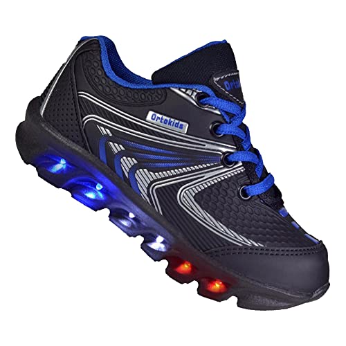 Tênis De Led Luzinha Infantil Menino Ortokids 006 Gênero:Menino;Tamanho:28;Cor:Preto/Azul