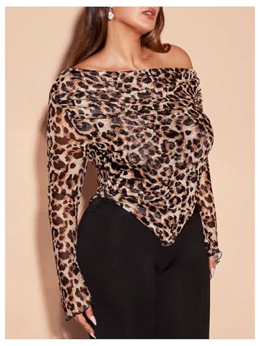 WDIRARA Women's Plus Size Leopard Print Off Shoulder T Shirt Ruched Bandana Hem Long Sleeve Tee4