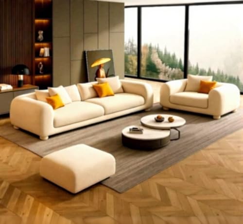 Image of Chesterfield Velvet Upholstery 3-Seater with Armchair and Footrest, Design in 3+1+Footrest Sofa for Living Room, Bedroom, Hallways (Boucle, Beige 2)