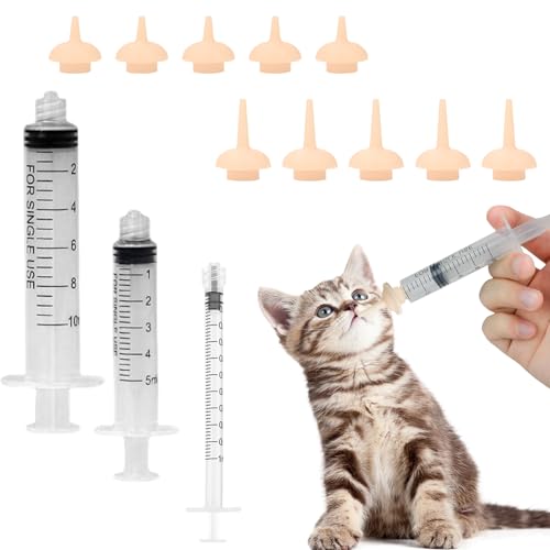 Pet Feeding Set-10 Pcs Silicone Feeding Nursing Nipple and 1ML/5ML/10ML Feeding Syringe Pet Nursing Feeding Tools for Kittens Puppies Newborn Animals (1ml+5ml+10ml+10 Nipple)