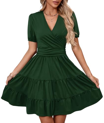 Image of Women's Casual Summer Dress V Neck Short Sleeve Flowy Stretchy Comfort Fit for Daily Wear Work Midi Dresses