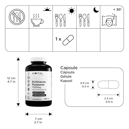 Echinacea 7500 mg. 180 vegane Kapseln für 6 Monate. Echinacea Purpurea-Extrakt mit 4% Polyphenolen. Hergestellt von HIVITAL