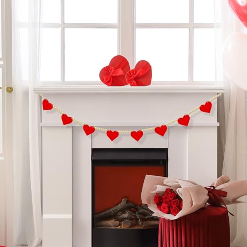 Image of Valentines Garland Decorations Banner, Pre-Assembled Wooden Hearts with Wooden Bead Garland for Valentines Day Decor, Hanging Banner for Mantel Home Fireplace Wall Party Decor