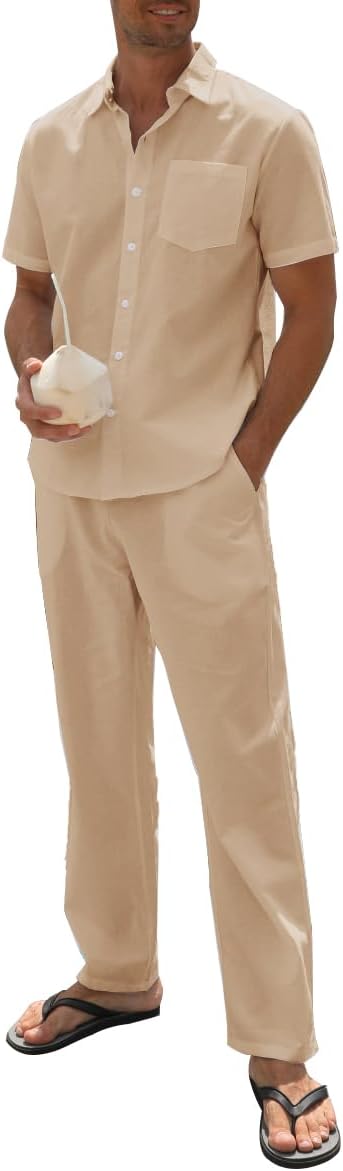 Men's Linen sets 2 Piece Outfits Beach Wedding Clothes Casual Button Down Shirts Yoga Pants Summer Matching Suit