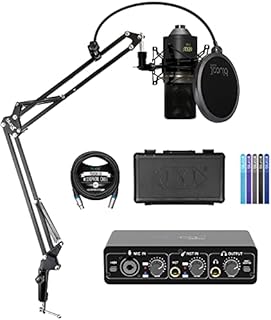 MXL 770 Cardioid Condenser Microphone (Black) Bundle with Blucoil Portable USB Audio Interface for Windows and Mac, 10' XLR Cable, Boom Arm Plus Pop Filter, and 5-Pack of Reusable Cable Ties