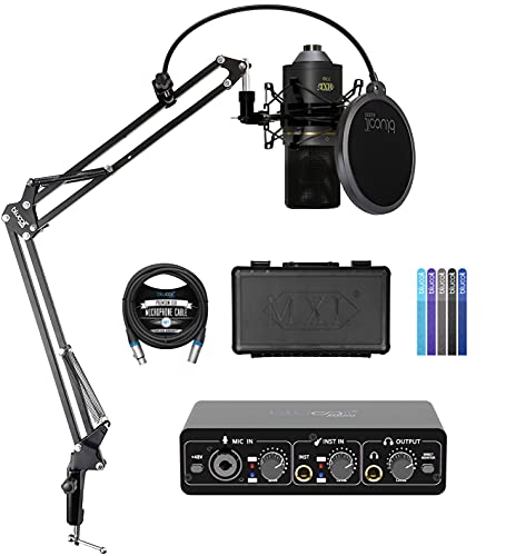 MXL 770 Cardioid Condenser Microphone (Black) Bundle with Blucoil Portable USB Audio Interface for Windows and Mac, 10' XLR Cable, Boom Arm Plus Pop Filter, and 5-Pack of Reusable Cable Ties 