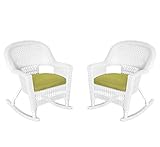 Jeco Rocker Wicker Chair with Green Cushion, Set of 2, White