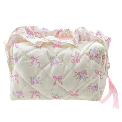 Quilted Makeup Bag, Cute Pouch Toiletry Bag, Travel Toiletry Bag Period Bag, Pink bow tie Toiletry Organizer Bag for Women Girls (Style 1)