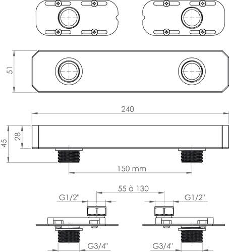 ONDEE, Adaptateur multi-entraxe pour robinetterie murale, installation rapide en 2 min, étanchéité garantie, compatible avec toutes les robinetteries, 150 mm, chromé