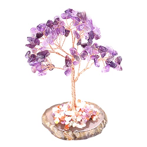 Halukakah Cristal Árbol Salud Feng Shui Cuarzo Amatista Auténtico Piedras Preciosas Árbol de la Vida Envuelto a Mano Cobre Ramas de Alambre Ágata Base Cuenco de Canto Bendecido 10cm Alto