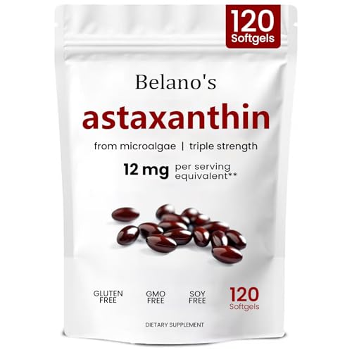 Belanos Astaxanthin 12mg Astaxanthin Softgels Premium Astaxanthin Antioxidant Supplement | Health & Energy Support Non-GMO Vegan- Friendly & Gluten-Free - 120 Softgels (1 Bag)