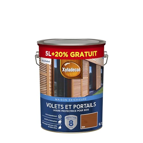 Xyladecor - Lasure Protectrice pour Bois Extérieur Acrylique - Volets, Portails, Portes, Fenêtres - Couleur : Satin Teck - Quantité : 5L plus 20% gratuit