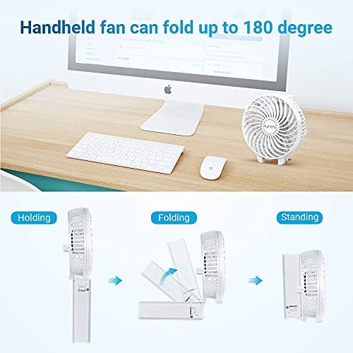 FUNME Mini Handheld Fan USB Electric Portable Fan Outdoor Rechargeable Personal Fan Battery Powered 180° 3 Speeds Foldable Desk Fan Cooling for Desktop School Office Home Travel Camping -White