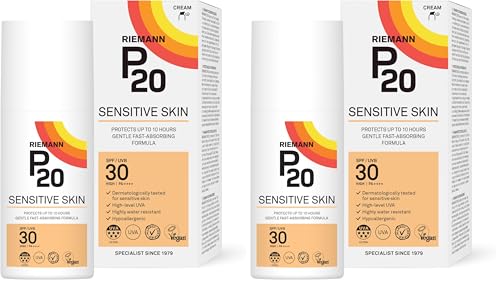 Image of RIEMANN P20 SPF30 Sensitive Sun Cream 200ml, High Level UVA Protection for up to 10 Hours, Allergy Certification, Water Resistant, Durable & Long Lasting, Sweat Resistant (Pack of 2)