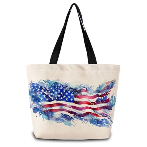 ZhuVantrix USA Flag Tote Bag Reusable Grocery Bags Cute Aesthetic Shopping Shoulder Handbag with...