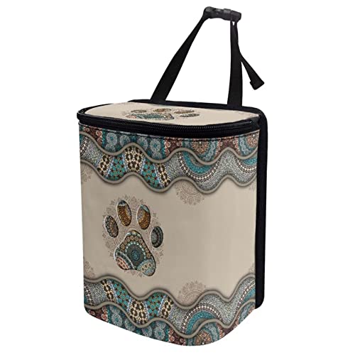 Image of Talayituse Boho Paws Print Car Trash Can with Lid, Leak Proof Auto Trash Bag Hanging Vehicle Garbage Can Multipurpose Storage Container for Back Seat Road Trip