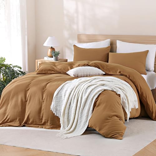 Image of TOCOMOA Muslin Duvet Cover 100% Cotton Like Linen Texture Breathable Soft Comfy 3-Piece Burnt Orange Comforter Cover Fall Bedding Set (King 104 inchx90 inch, Comforter Not Included)