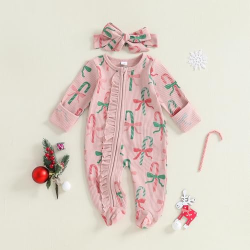Newborn Baby Girl Christmas Outfit Bow Candy Cane Footed Romper Headband Infant My First Xmas Jumpsuit2