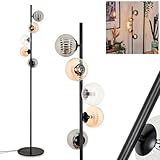  Lampadaire Remaisnil, lampadaire en métal/verre cannelé noir/ambre/clair/fumée,design rétro/vintage, abat-jour en verre (Ø 12 cm) et interrupteur à pied, hauteur 160cm, 5x G9, sans ampoule