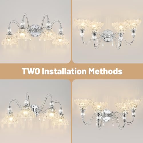 Image of Brushed Chrome Bathroom Vanity Light, 4-Light Chrome Finish Wall Sconce with Hanging Crystal Accents and Flower-Shaped Clear Glass Shades, Modern Wall Mount Vanity Light Over Mirror for Bathroom