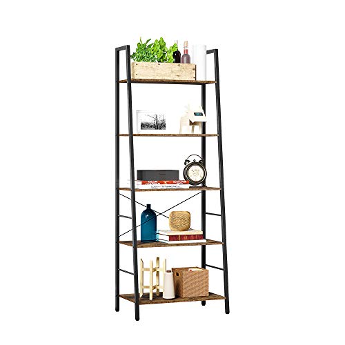 HOMEFORT Industrial Bookcase, 5-Tier Vintage Bookshelf, Ladder-Shaped Shelf, Open Etagere Bookcases, Freestanding Display Storage Organizer, Tall Wood Shelving Unit, for Living Room, Bedroom, Office