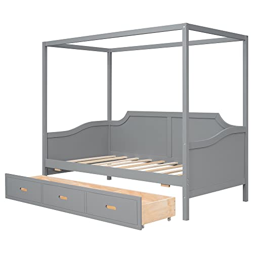 Moeo Twin Size Canopy Daybed With 3 In 1 Drawers, Wooden Bedroom Bunkbed Frame For Kids, Teens, Adults, No Box Spring Required, Gray #TOP7