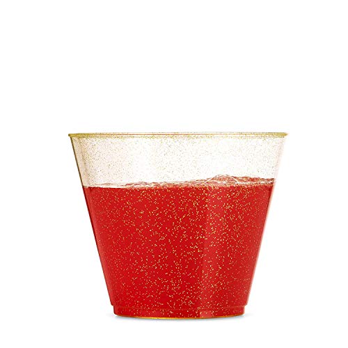 Glitter Plastic Cups, Gold Glitter Disposable Cups 9 oz. 100 Pack, Clear Plastic Cups Old Fashioned Tumblers, Recyclable Wine Glasses for Parties, Elegant Plastic Party Cups Wedding Decorations