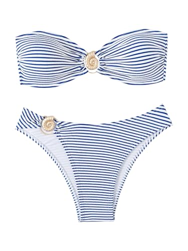 Women's 2 Piece Strapless Striped Bikini Sets Tie Backless Bandeau Bra Bathing Suit Boho Swimsuit